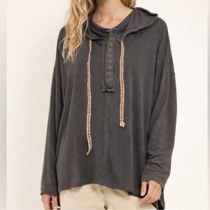 POL Women’s Oversized Brown Hoodie Jersey Knit Top NWT Boxy Slouchy Comfy Sz L